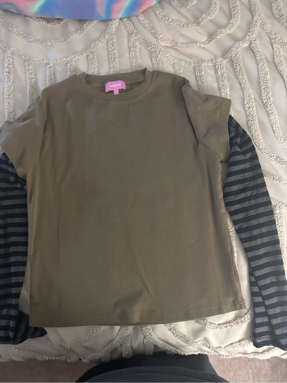Edikted Olive Green Short Sleeve Tee with Black & Gray Striped Long Sleeves